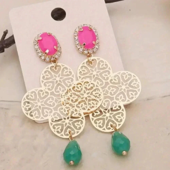 NEW - Boho Style Drop Earrings - 18K Gold Plated with Pink & Green accents - Picture 1 of 1